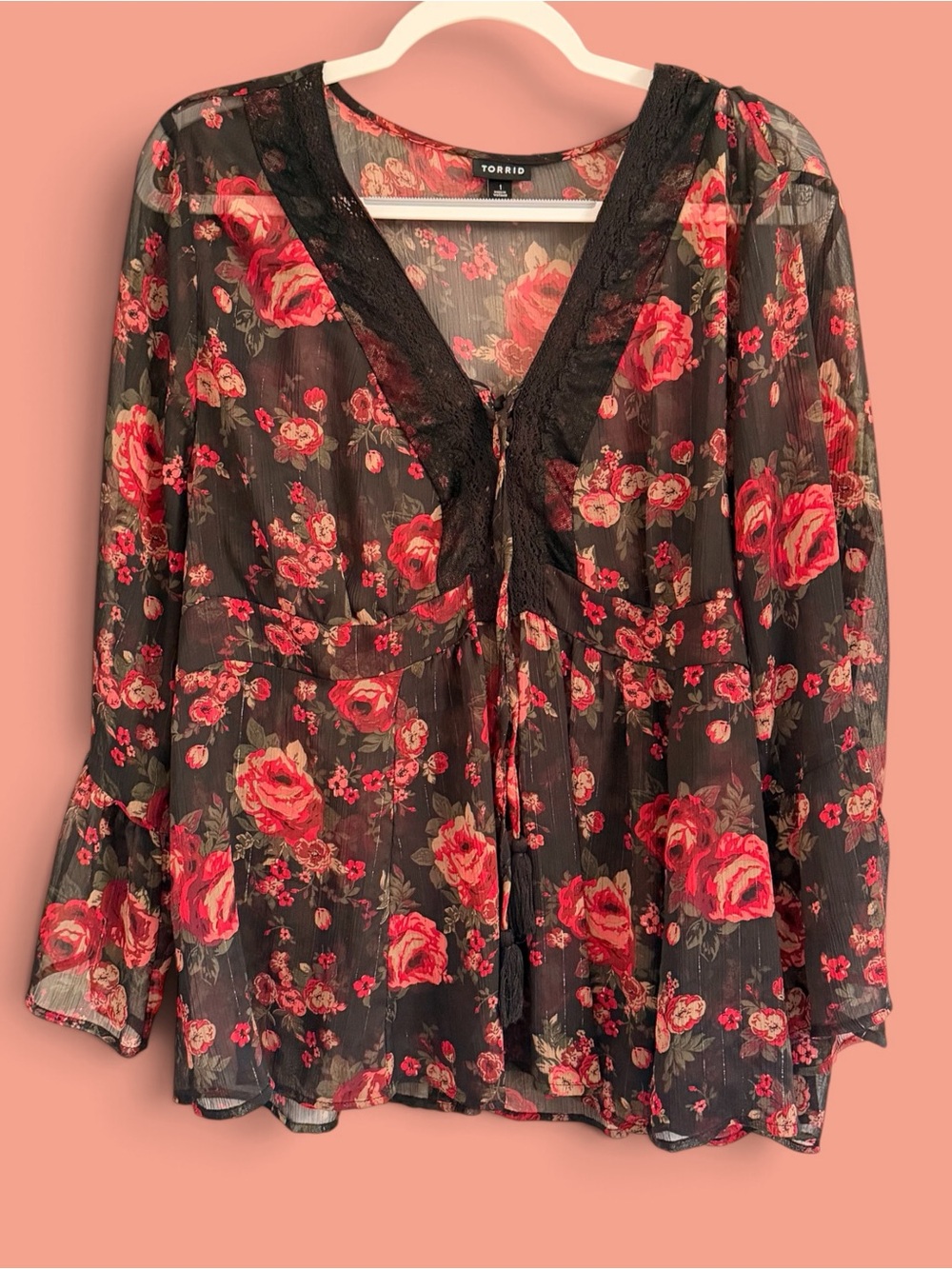 torrid Black Sheer Floral Tie-Front Blouse with Red Roses